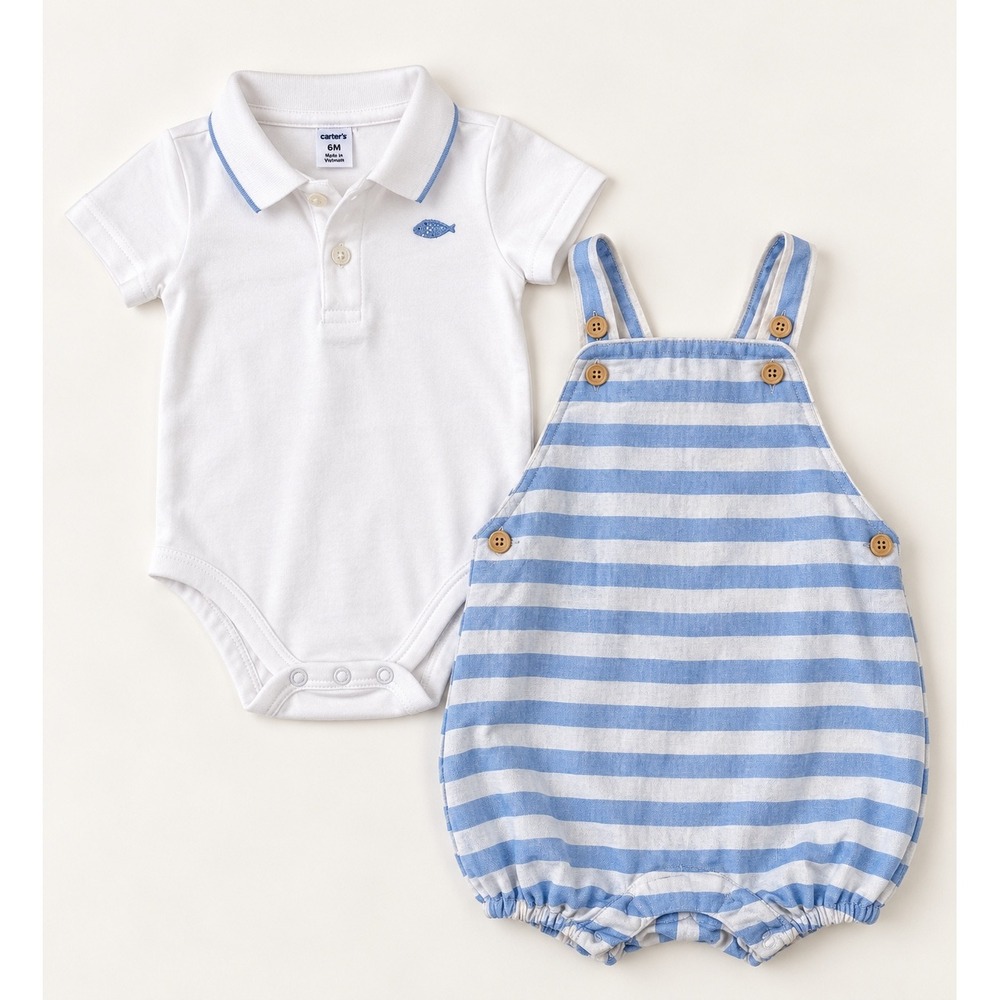 Janie and Jack Baby Boy 6-12M Polo Bodysuit and Striped Linen Overalls Set